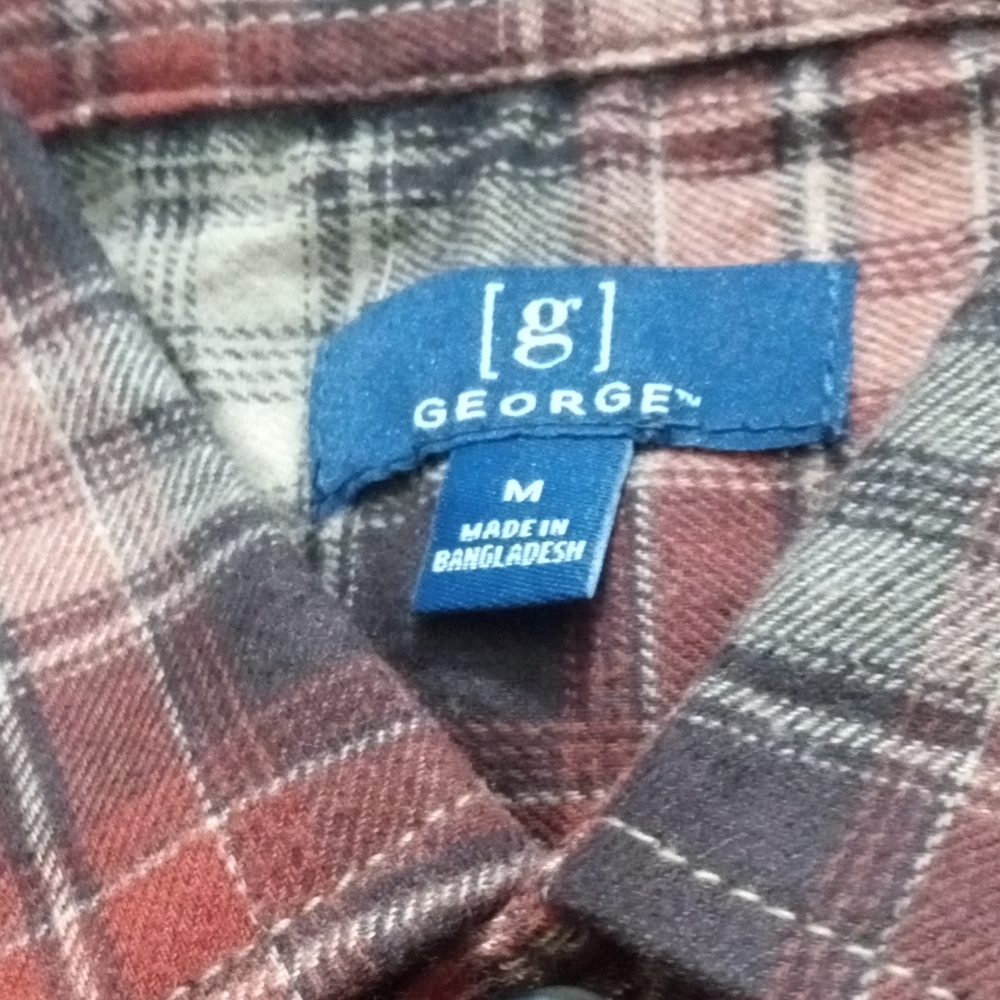 George Men's Button Down Red Tan & Black Plaid Flannel Double Pocket Shirt-SZ:M - Picture 4 of 16